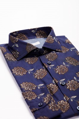 Printed blue cotton cut-away collar shirt