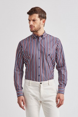 Blue botton down collar cotton shirt with orange and white stripes