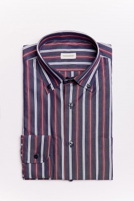 Blue botton down collar cotton shirt with red and white stripes
