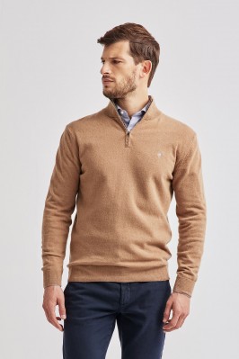 Mock neck sweater with zipper in beige wool blend