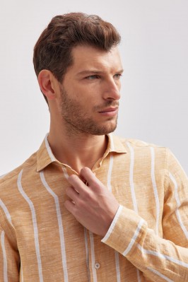 YELLOW STRIPED PURE LINEN FRENCH COLLAR SHIRT